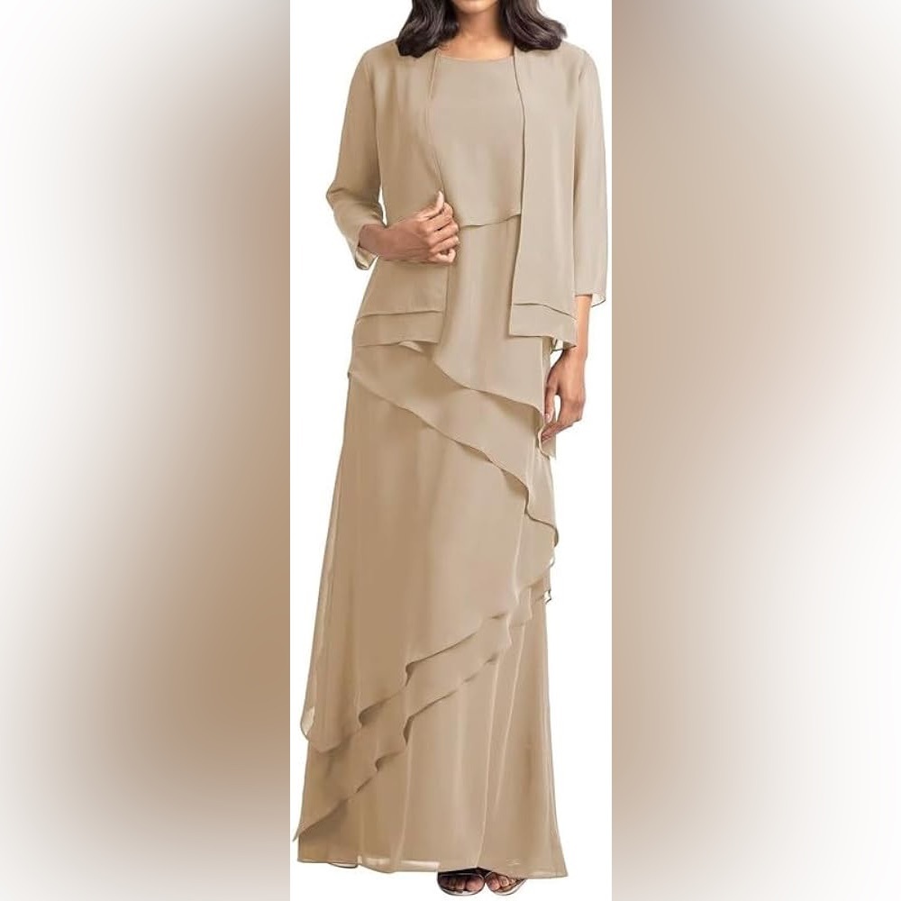Tan Chiffon Layered Formal Tie Back Dress